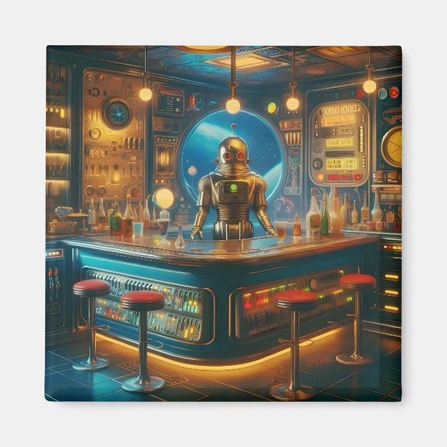 Robot Bartender in Interstellar Space Age Dive Bar Magnet (Vorne)
