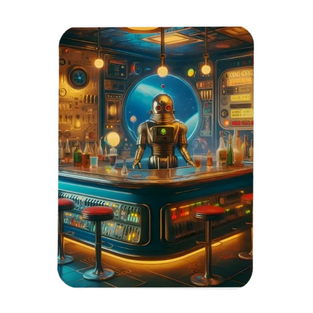 Robot Bartender in Interstellar Space Age Dive Bar Magnet (Vertikal)