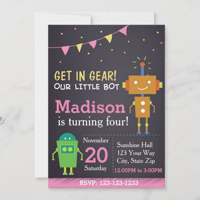 Robot Birthday Einladung (Mädchen) (Vorderseite)