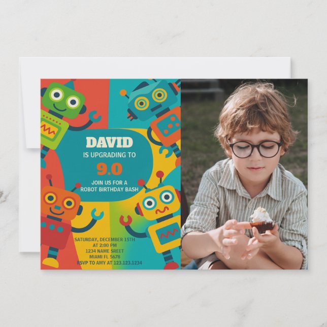 Robot Birthday Einladung mit Foto (Vorderseite)