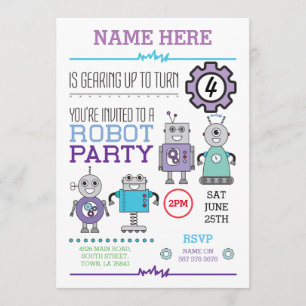 ROBOT Birthday Party Blue Gears Cogs Roboter einla Einladung