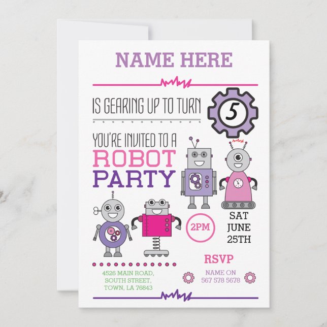 ROBOT Birthday Party Pink Gears Cogs Roboter laden Einladung (Vorderseite)