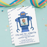 Robot Birthday Party Thema Junge Foto Einladung<br><div class="desc">Feiern Sie Ihr Geburtstagskind mit dieser lustigen Robot-Einladung mit seinem Foto,  gerahmt von einem blauen Roboter. Fügen Sie Ihre Party-Details hinzu,  um sie weiter anzupassen.</div>