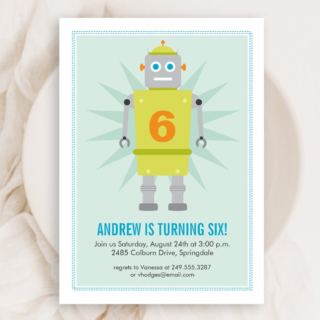 Robot Colorful Kids Green Blue Birthday Einladung (Von Creator hochgeladen)