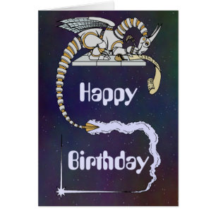 Robot Dragon Writing in Scroll Birthday Card