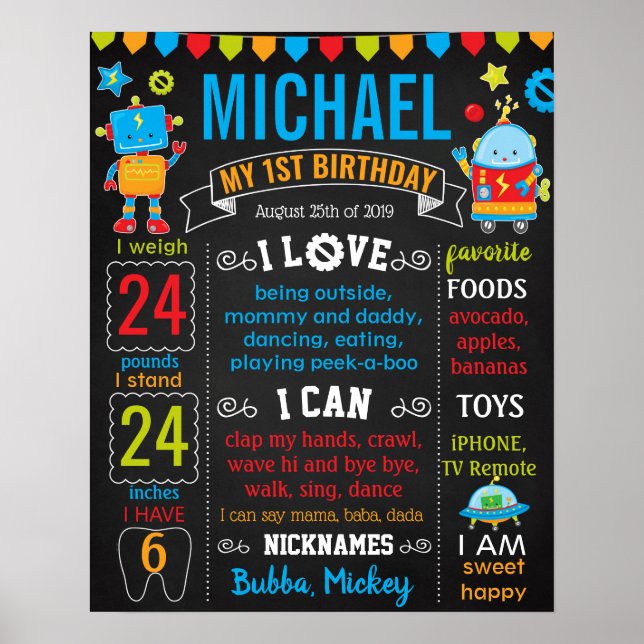 Robot First Birthday Chalkboard-Zeichen Poster (Vorne)