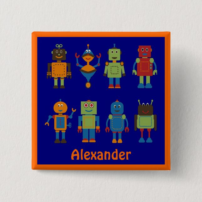 Robot Friends Child's Personalisierten Square Butt Button (Vorderseite)