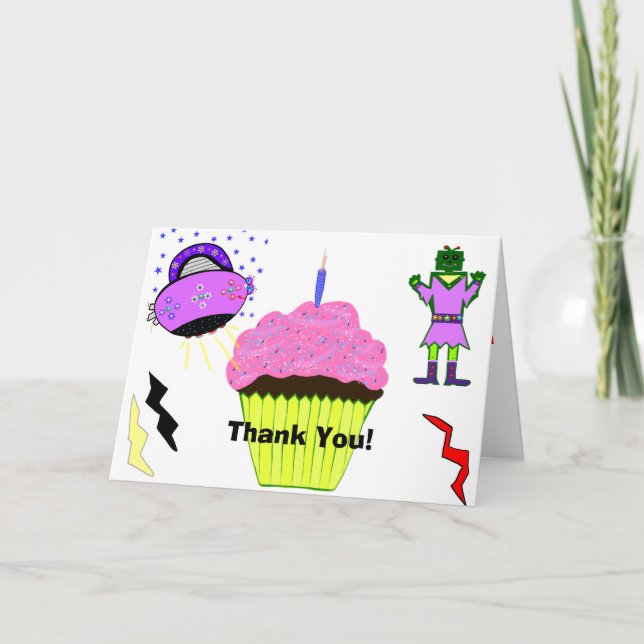 Robot Girl Pink Cupcake Birthday Dankeskarte (Vorderseite)