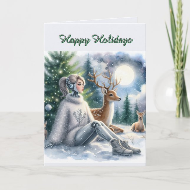 Robot Happy Holidays Tech Girl Karte (Vorderseite)