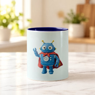 Robot Held Süße blaue Superhelden-Maskottchen-Ta Zweifarbige Tasse