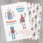 Robot Kids erste Geburtstagsparty Einladung<br><div class="desc">Zeit für ein Party! Ein lustiger Haufen bezaubernder kleiner Roboter,  die bereit sind,  sich mit dem Namen,  dem Alter und dem Party Ihres Kindes anzupassen. Die Rückseite weist ein niedliches und skurriles Robotermuster auf.</div>