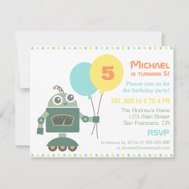 Robot mou avec invitation à la fête d'anniversaire (Devant)