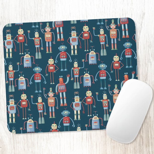 Robot Pattern Dark Mousepad (Retro robots fun art mousemat)