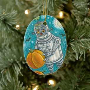 ROBOT PICKING PUMPKINS , HALLOWEEN MECHANISCHEN MA KERAMIK ORNAMENT