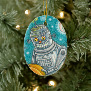 ROBOT PICKING PUMPKINS , HALLOWEEN MECHANISCHEN MA KERAMIK ORNAMENT