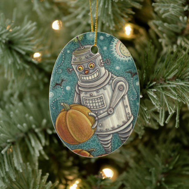 ROBOT PICKING PUMPKINS , HALLOWEEN MECHANISCHEN MA KERAMIK ORNAMENT (Baum)