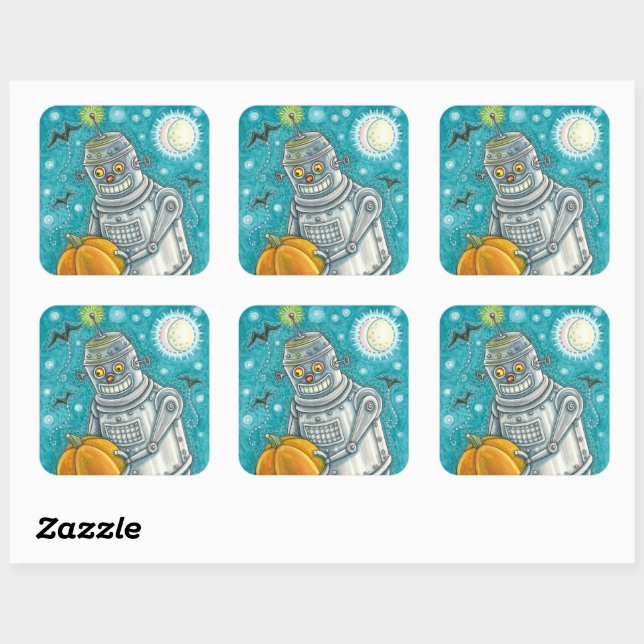 ROBOT PICKING PUMPKINS , HALLOWEEN MECHANISCHEN MA QUADRATISCHER AUFKLEBER (Blatt)
