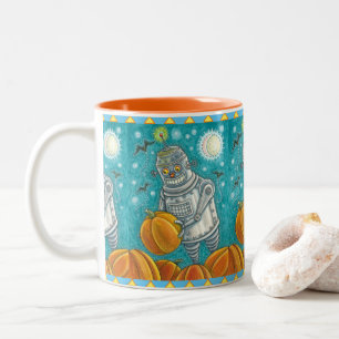 ROBOT PICKING PUMPKINS , HALLOWEEN MECHANISCHEN MA ZWEIFARBIGE TASSE
