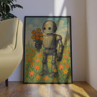 Robot Rétro Avec Fleurs Poster D'Art Mur