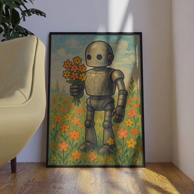 Robot Rétro Avec Fleurs Poster D'Art Mur (This is a mockup, your poster may be larger or smaller depending on what you buy.)