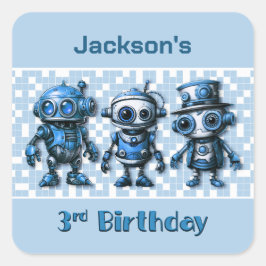 Robot Theme 3. Geburtstag Einladung Umschlag Aufkl Quadratischer Aufkleber