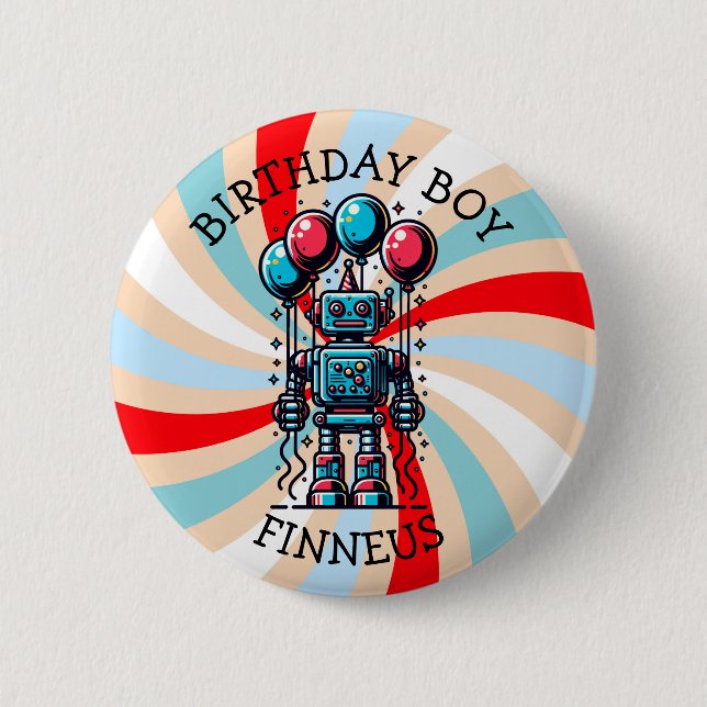 Robot Themed Boy's Happy Birthday Boy Button (Vorderseite)