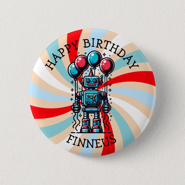 Robot Themed Boy's Happy Birthday Button (Vorderseite)
