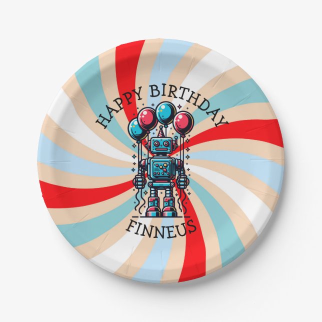 Robot Themed Boy's Happy Birthday Pappteller (Vorderseite)