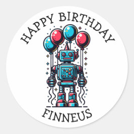 Robot Themed Boy's Happy Birthday Runder Aufkleber