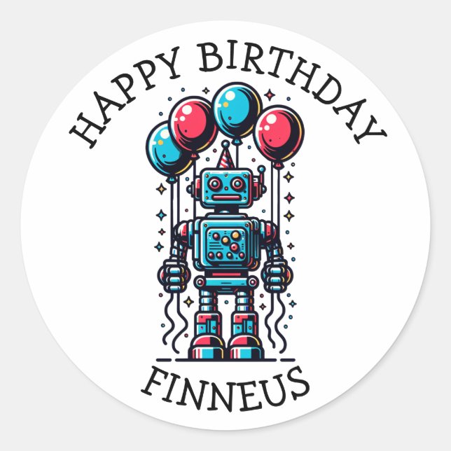 Robot Themed Boy's Happy Birthday Runder Aufkleber (Vorderseite)