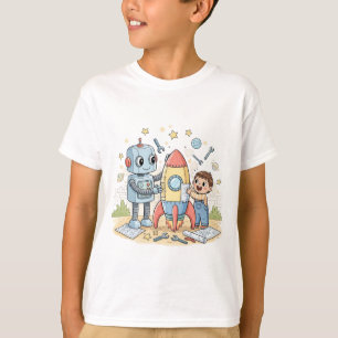 Robot und Kind bauen eine Rakete – Handgezeichnete T-Shirt