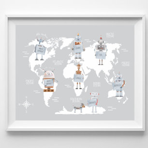 Robot World Map, World Map Boys Room Poster
