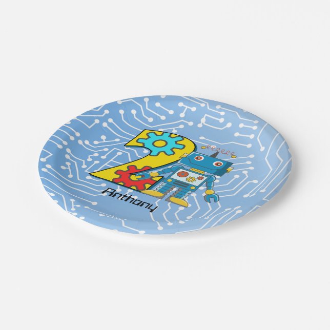 Roboter-2. Geburtstags-Gewohnheit Pappteller (Schrägansicht)