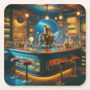 Roboter Barkeeper in der interstellaren Space Age Rechteckiger Pappuntersetzer