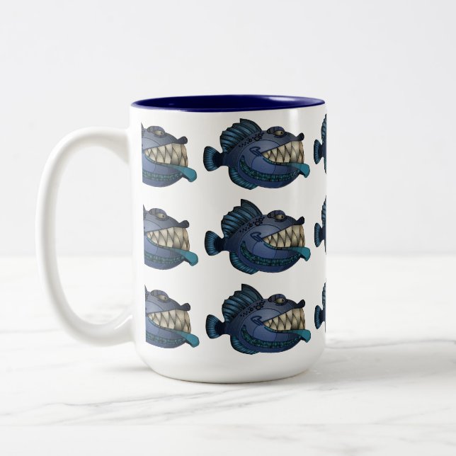 "Roboter-blaue" Fische mit Haltung Zweifarbige Tasse (Links)