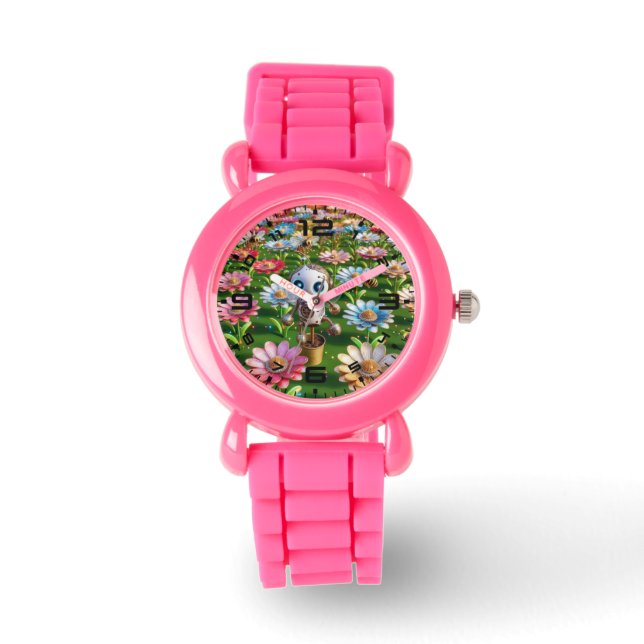 Roboter-Blume rosa Kinder beobachten Armbanduhr (Vorderseite)