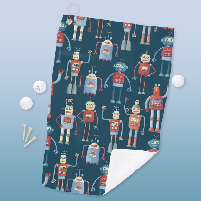 Roboter Golfhandtuch (Retro robot pattern fun art golf towel)