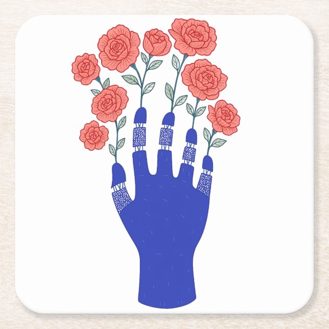 Roboter Hand mit blühenden Rose Artwork Rechteckiger Pappuntersetzer (Vorderseite)