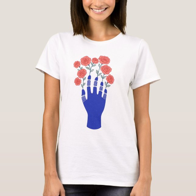 Roboter Hand mit blühenden Rose Artwork T-Shirt (Vorderseite)