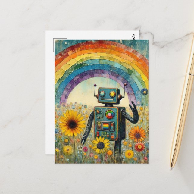 Roboter in einer Blume Wiese mit einem Regenbogen  Postkarte (Vorderseite/Rückseite Beispiel)