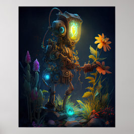 Roboter mit Blick auf Blume Poster