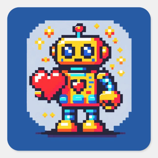 Roboter mit Herz - Niedliche Pixel Art SciFi Desig Quadratischer Aufkleber (Vorderseite)