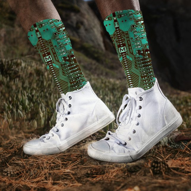 Roboter-PCB Mikrochip Türkis Geek Mit Monogramm Socken (Von Creator hochgeladen)