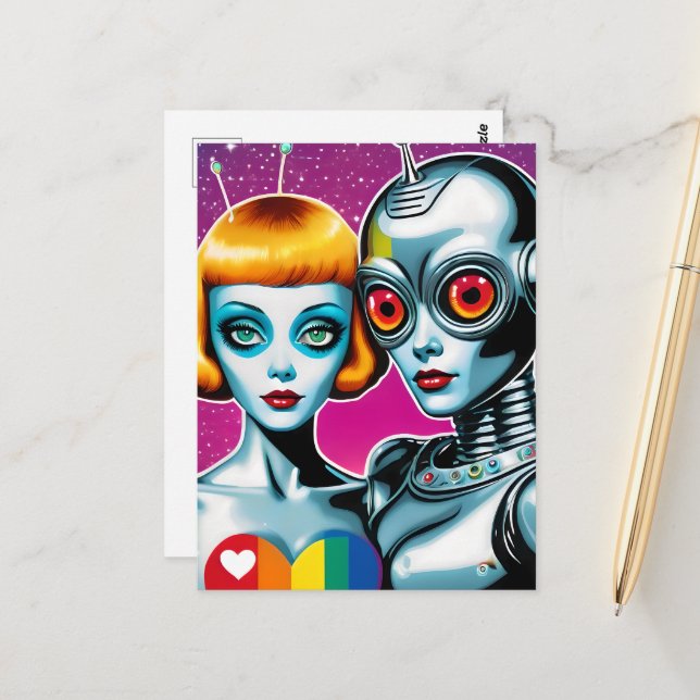 Roboter Rainbow Heart Postkarte (Vorderseite/Rückseite Beispiel)