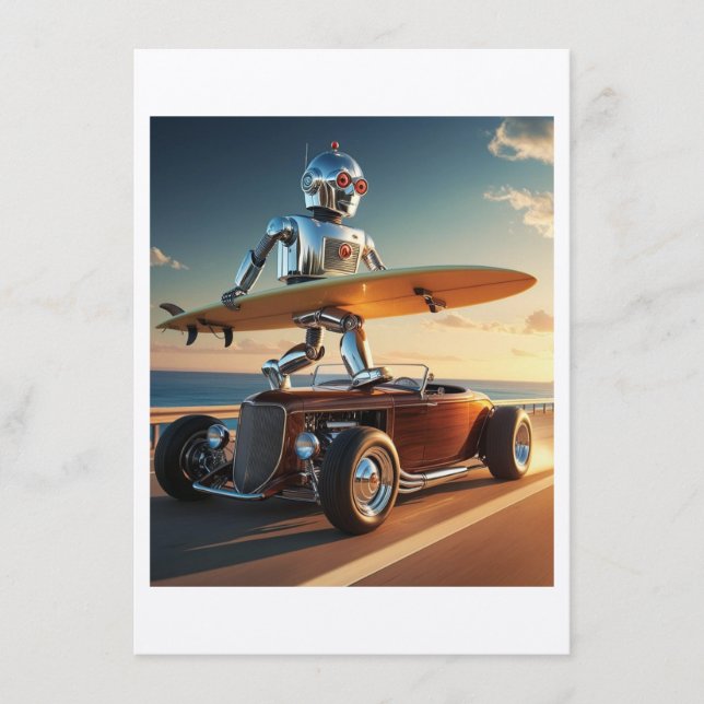 Roboter, Surfbrett und ein Oldtimer Begleitkarte (Vorderseite)
