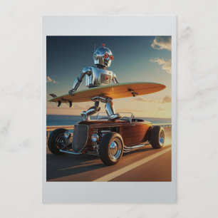 Roboter, Surfbrett und ein Oldtimer Begleitkarte