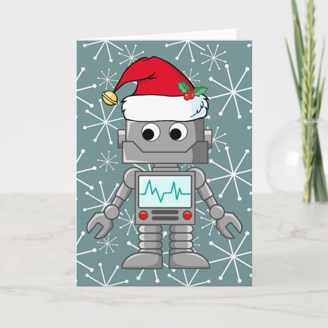 Roboter-tragende Weihnachtsmannmütze Feiertagskarte (Vorderseite)