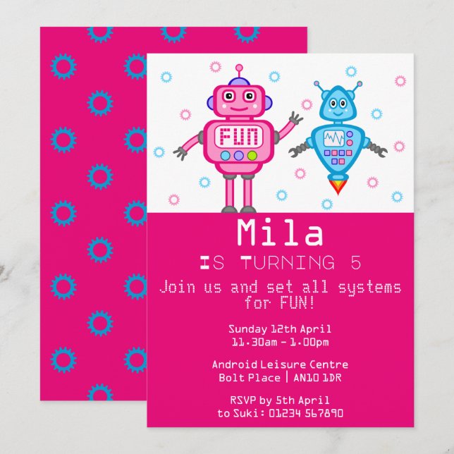 Robots roses et turquoise Invitation de fête d'ann (Devant / Derrière)