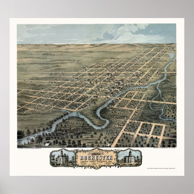Rochester, MN Panorama Karte - 1869 Poster (Vorne)