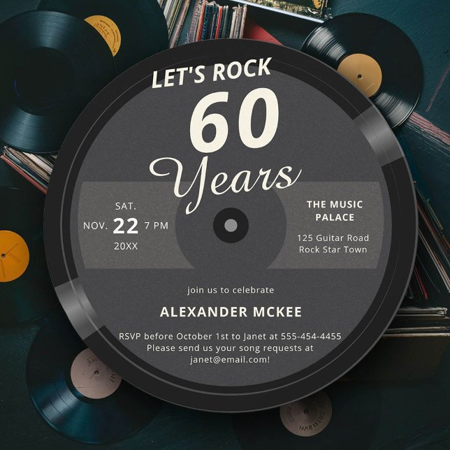 Rock 60 Jahre Vintages Label Geburtstag Einladung (mens 60th birthday party invitation music themed lets rock personalized)